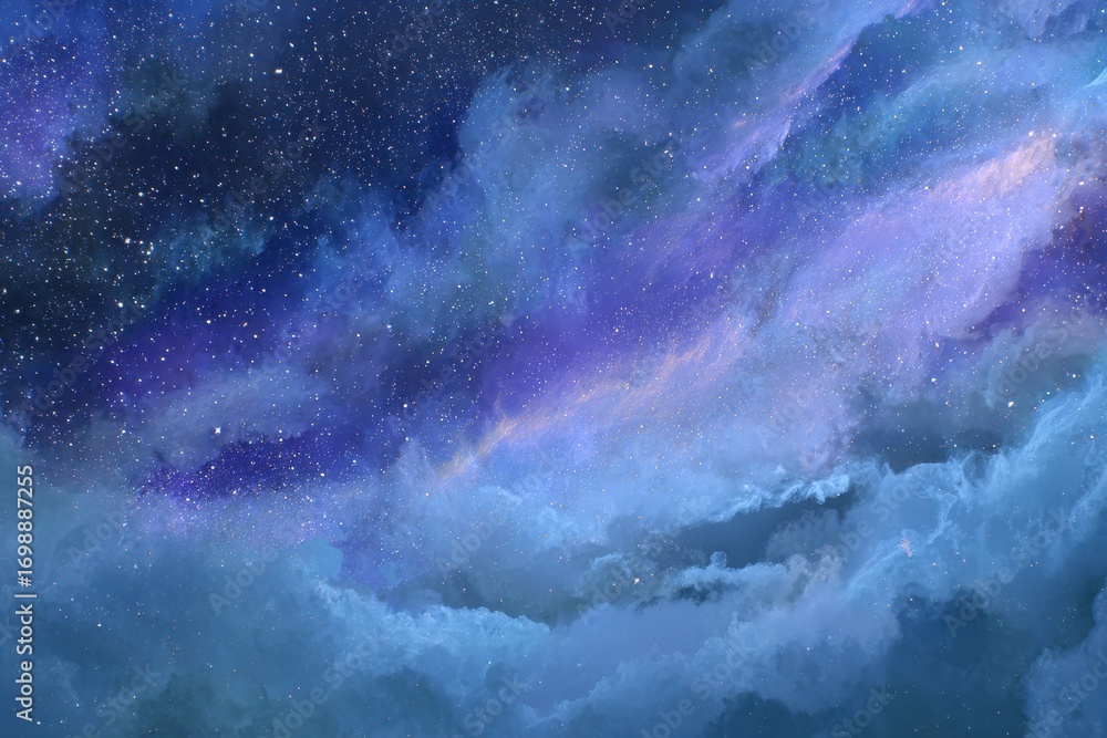 Fototapeta premium Expansive celestial panorama showcasing a dense field of stars amidst swirling cosmic clouds, painted in deep blues and vibrant purples, evoking a sense of awe and infinite possibility