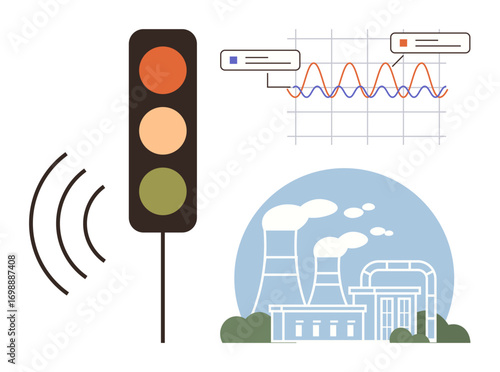 Traffic light with wireless signals, industrial plant emitting smoke, and data graph displaying fluctuations. Ideal for energy management, emissions monitoring, smart city tech, industrial