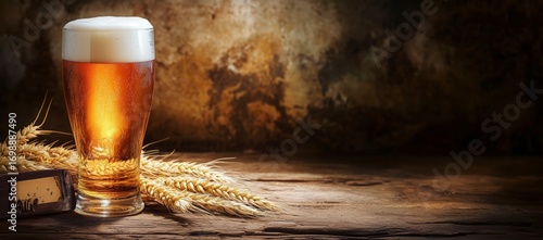 Glass of Light Beer With Wheat Ears Sits on a Wooden Table in Studio.
