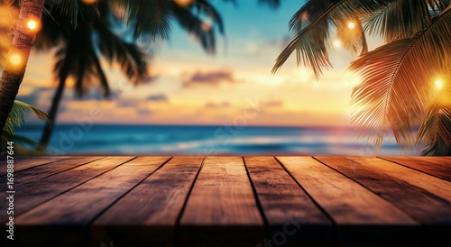 Relaxing Seascape at Golden Hour Featuring Wooden Dock With Palm Trees and So...