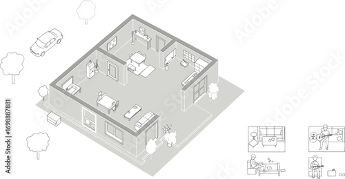 Modern home interior with furniture, plants, artwork, and a guitar, featuring isometric design, minimalist décor, living room, office, and personal space with cozy ambiance