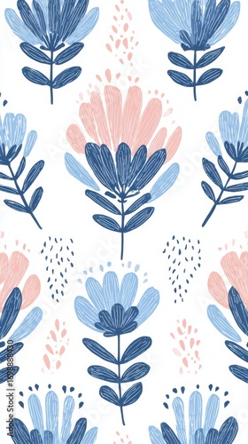 Vibrant Floral Pattern Featuring Blue and Pink Flowers on a White Background, Perfect for Fabric or Wallpaper Design