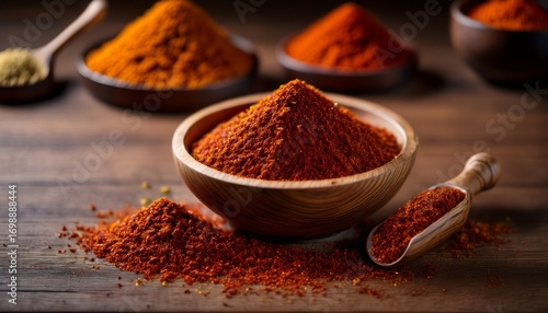 a wooden bowl filled with vibrant cajun spices rests on a wooden surface the finely ground spice mix emphasizes its aromatic delicious nature with a mix of red orange brown tones