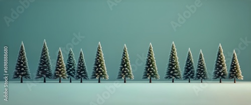 Miniature Snow Covered Christmas Trees Stand During Snowfall in Winter.
