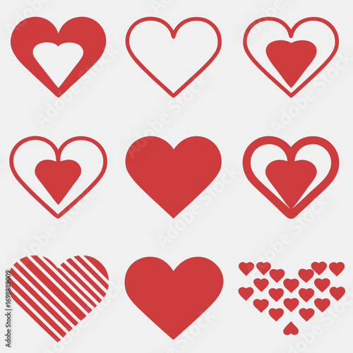Collection of red and white heart shapes for valentine s day and love themes.
