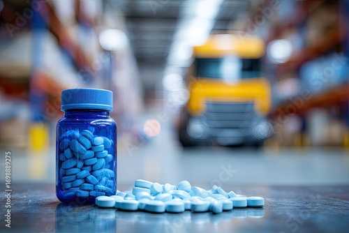 Blue pills in a bottle, warehouse background (1)