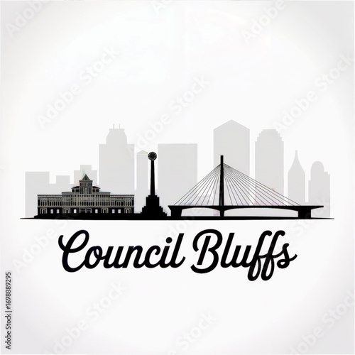 Council Bluffs Iowa Skyline Silhouette — Historic Railroad and Riverfront City Vector Illustration