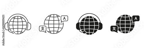 Global Language Translation And Communication Line And Solid Icon Set. Multilingual Support And International Customer Service Symbol Collection. Isolated Vector Illustration