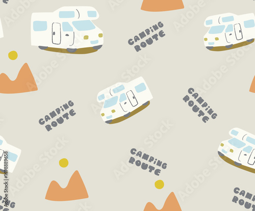 Hand drawing bus and text and mountains with sun vector, pattern design for apparel textile,stickers, posters, background and wallpaper others etc.