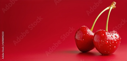 Two Ripe Cherries on a Red Surface Displaying Dew Drops and Juicy Redness