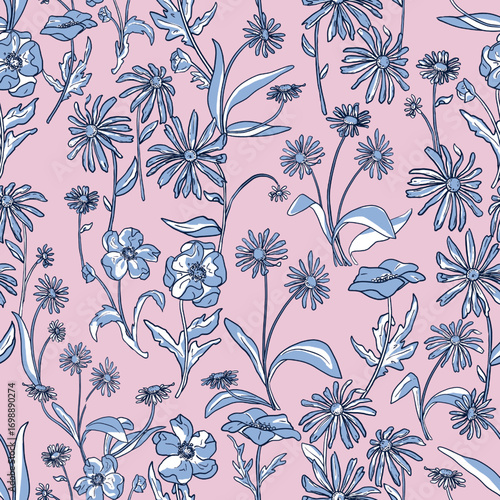 Floral Garden with several type of flowers Seamless Pattern allover print