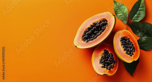 Three Slices of Ripe Papaya With Seeds and Green Leaves on Orange Background.