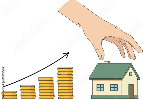 Vector illustration of hand reaching for house with rising coins and growth arrow, symbolizing real estate investment, financial growth, housing market success, property value increase