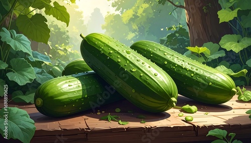 Fresh cucumbers rest on a wooden surface, surrounded by lush greenery, bathed in the warm sunlight.