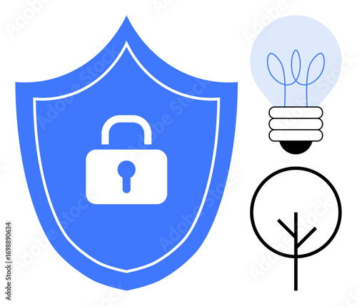 Blue shield with lock emblem, lightbulb with sprouting leaves, and minimalist tree outline. Ideal for security, innovation, eco-awareness, technology, nature conservation, protection simple flat