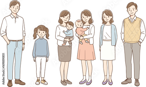 Large multigenerational family group with children and babies, happy parents and grandparents, cartoon illustration, standing together, parenting love, family bond, lifestyle portrait