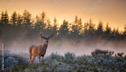majestic whitetail deer in soft lighting amidst misty forest landscape at dawn
