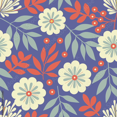 Charming retro floral pattern with orange flowers and cream leaves on purple.A seamless repeating pattern.