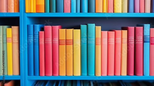 Library With Rows of Bookshelves Filled With Various Colored Hardback Books.