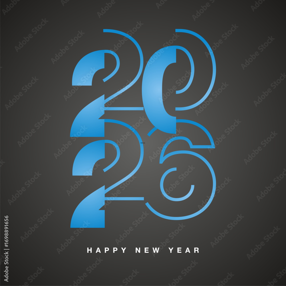 Fototapeta premium New Year 2026 modern stencil line and bold light blue shining typography square composition on black isolated background icon logo