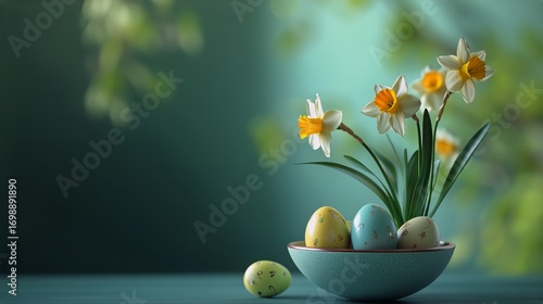 Decorated Easter Eggs and Fresh Daffodils in a Blue Bowl for Spring in the House
