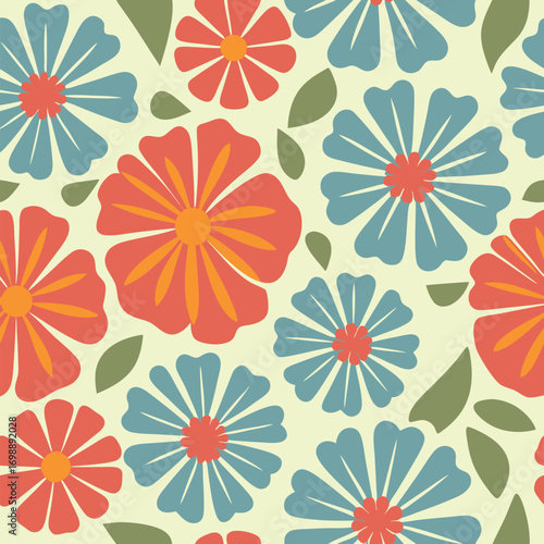 Retro floral pattern with large and small daisy like flowers in orange and blue.