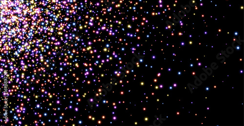 Vector illustration of multicolored glowing lights scattered on dark background, creating a festive, starry and magical atmosphere.