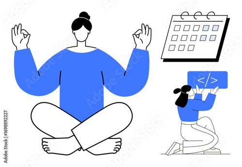 Person meditating in lotus pose, calendar for organizing, individual coding on laptop. Ideal for wellness, mindfulness, productivity, work-life balance, time management, scheduling simple landing
