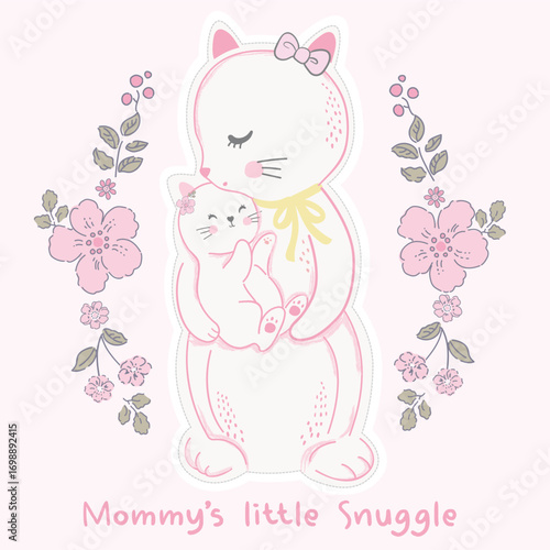 Hand drown pretty kitten love to baby and mummy little snuggle, love, flowers, bow, ribbon, background pink. For textiles, cotton fabric, covers, wallpaper, printing, cards, scrapbooking.