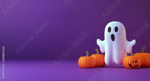 White Ghost Surrounded by Orange Pumpkins on Purple Surface During Halloween ...