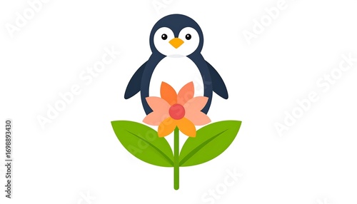 A charming penguin stands proudly above a vibrant flower, showcasing a whimsical and colorful design.
