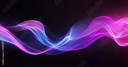 Abstract Wavy Lines Flow in Colors From Cyan to Purple Over Black Background.