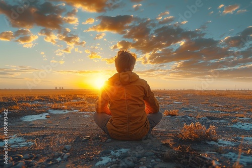 Individual meditates while watching sunset over the horizon in a tranquil landscape during golden hour
