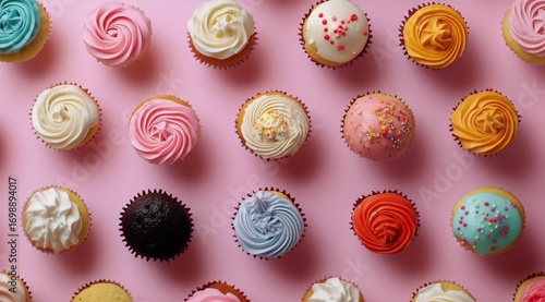 Assorted Cupcakes With Frosting and Sprinkles Arranged on a Pink Background