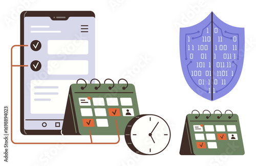 Smartphone, calendar, and clock symbolize task organization and time management. Data shield conveys cybersecurity concept. Ideal for productivity, organization, security awareness, time tracking