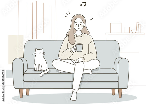 Illustration of woman relaxing with coffee on sofa, sitting with cat in cozy home interior, enjoying peaceful moment, calm lifestyle, comfort and leisure concept design