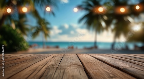 Tropical Ocean View From Wood Deck With Palm Trees and String Lights.