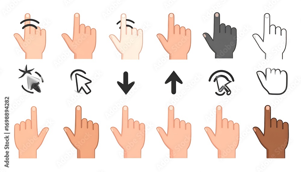 Obraz premium Various hand cursor shapes and icons in a variety of colors, including light and dark skin tones, depicting different actions.