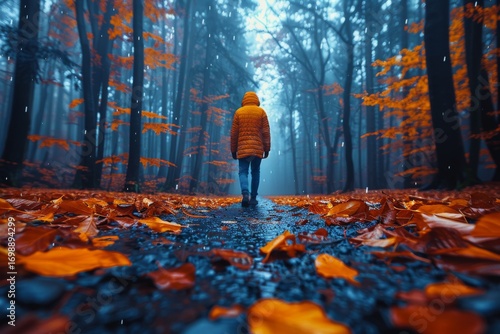 Person walks through a misty autumn forest with colorful leaves and light rain in a serene atmosphere