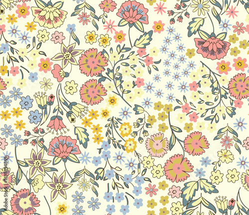 dual-tone abstract solid blooming small flower with leaves arrangement with bright yellow tone color, all over vector design illustration digital image for textile printing factory, tiny flowers.