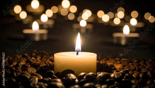 Lit candle surrounded by coffee beans and soft light