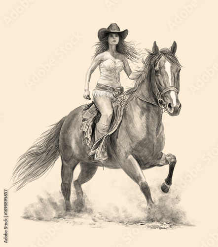 Vintage Cowgirl on Horseback – Western Pencil Drawing 2