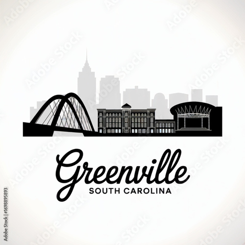 Greenville Skyline Silhouette — South Carolina Downtown and Riverfront Vector Illustration