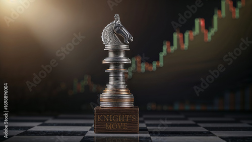 Creative Strategies for Financial Success Illustrated by a Chess Knight on Stacked Coins Against a Rising Market Backdrop