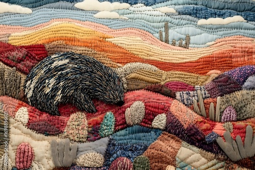 Textile art landscape with badger handmade quilt desert scene fabric art wall hanging fiber art southwestern decor