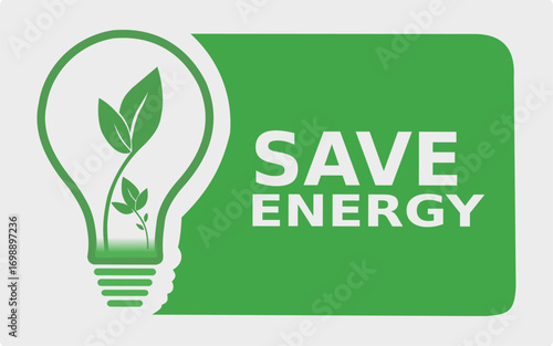 Save Energy Lightbulb Illustration — Green and White Flat Design with Leaf Icon and Text
