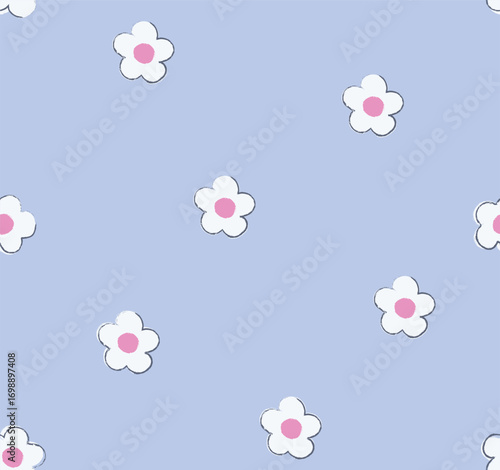 Universal seamless pattern, simple, cute, blue daisy flower. Hand drawn vector illustration. Children's print in soft pastel colors. Seamless pattern vector background. For fabrics, coatings, textiles