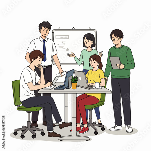 Five diverse professionals actively collaborate around an office table, fostering teamwork and innovative business solutions.
