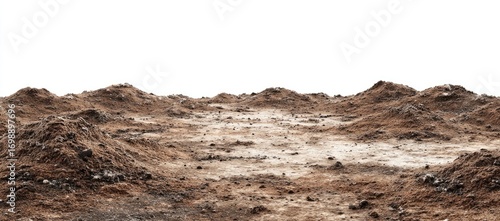 A panoramic view of a desolate, uneven landscape of brown earth and mounds