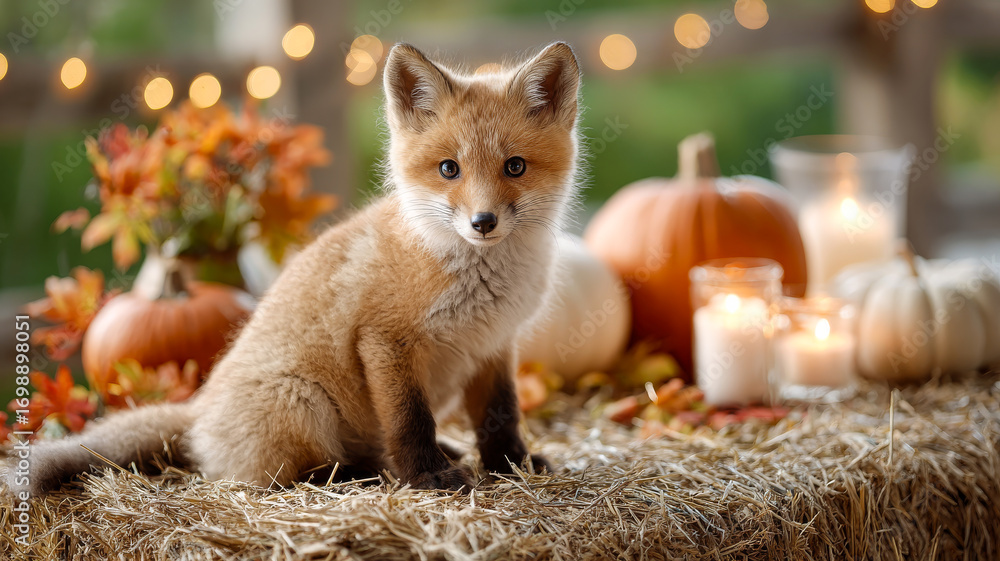 Fototapeta premium Fox cub poses among autumn decorations. A cute fox cub sits on hay surrounded by pumpkins and candles, capturing the essence of fall in a cozy outdoor setting.